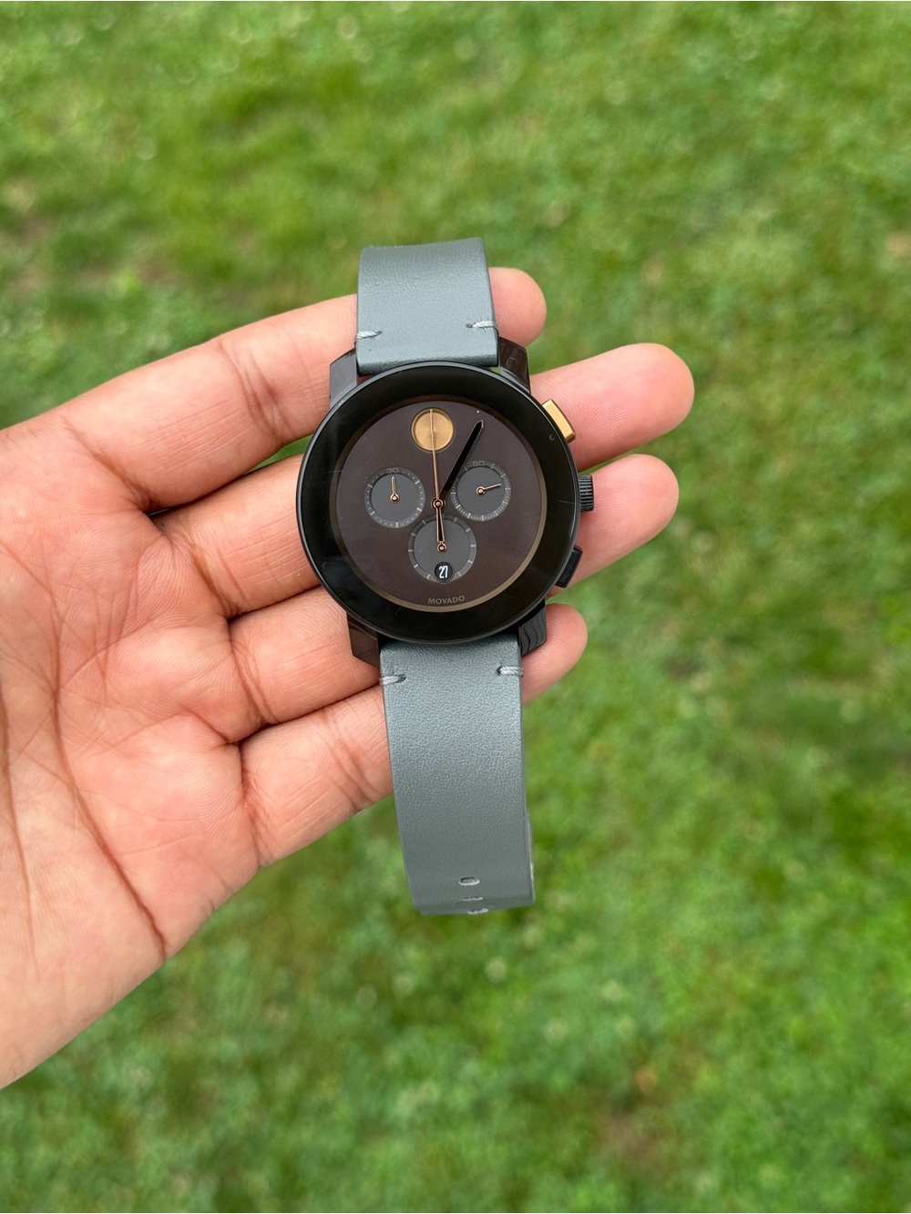 Movado Bold Brown Dial Grey Leather Strap Chronograph Men's Watch